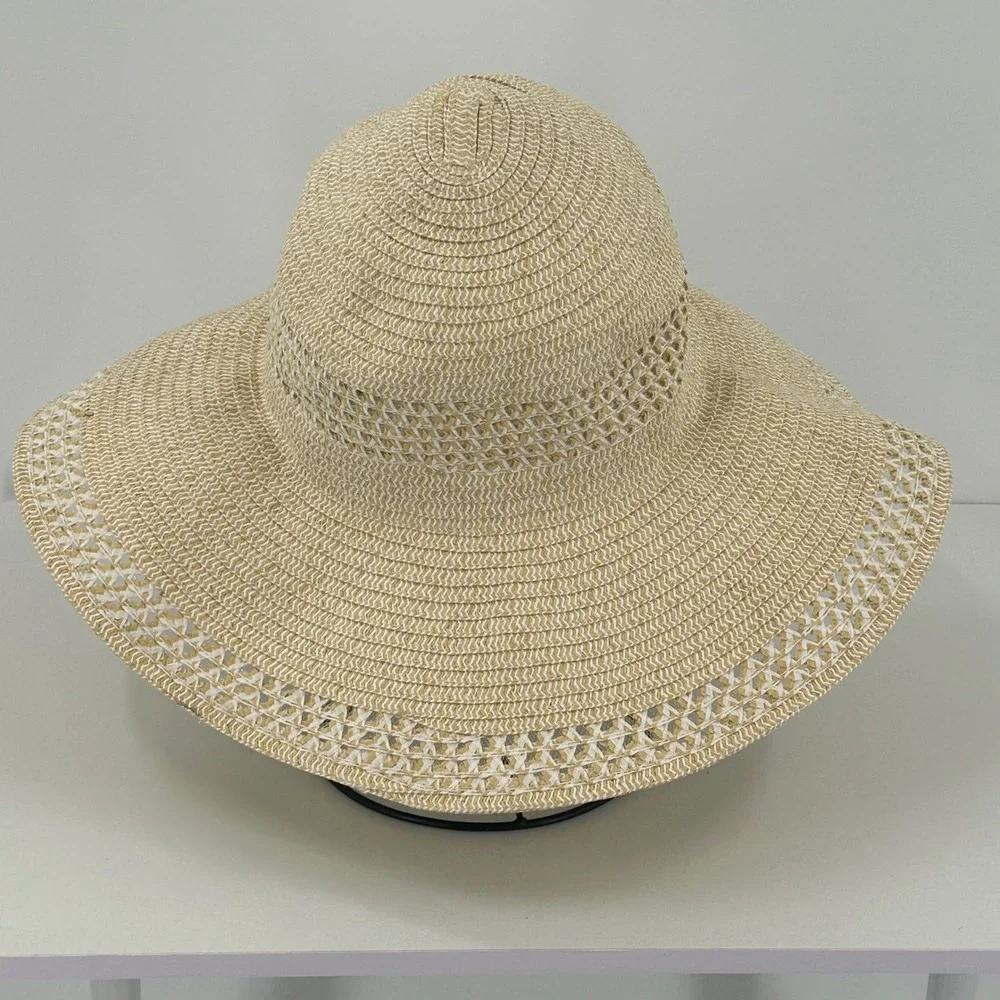 Calia Womens Tan White Woven Straw Wide Brim Floppy Sun Hat Beach Costal